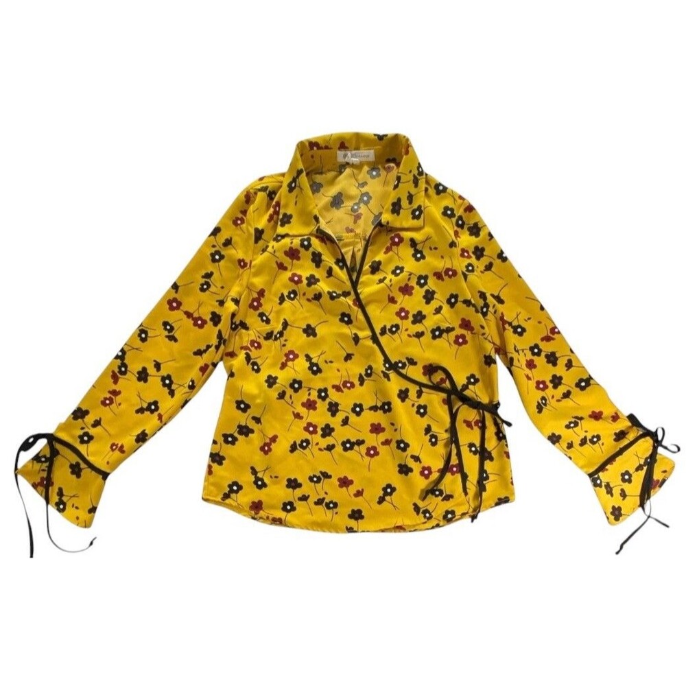 BCBGeneration Yellow Floral Wrap Blouse Top Medium Tie Cuffs READ
